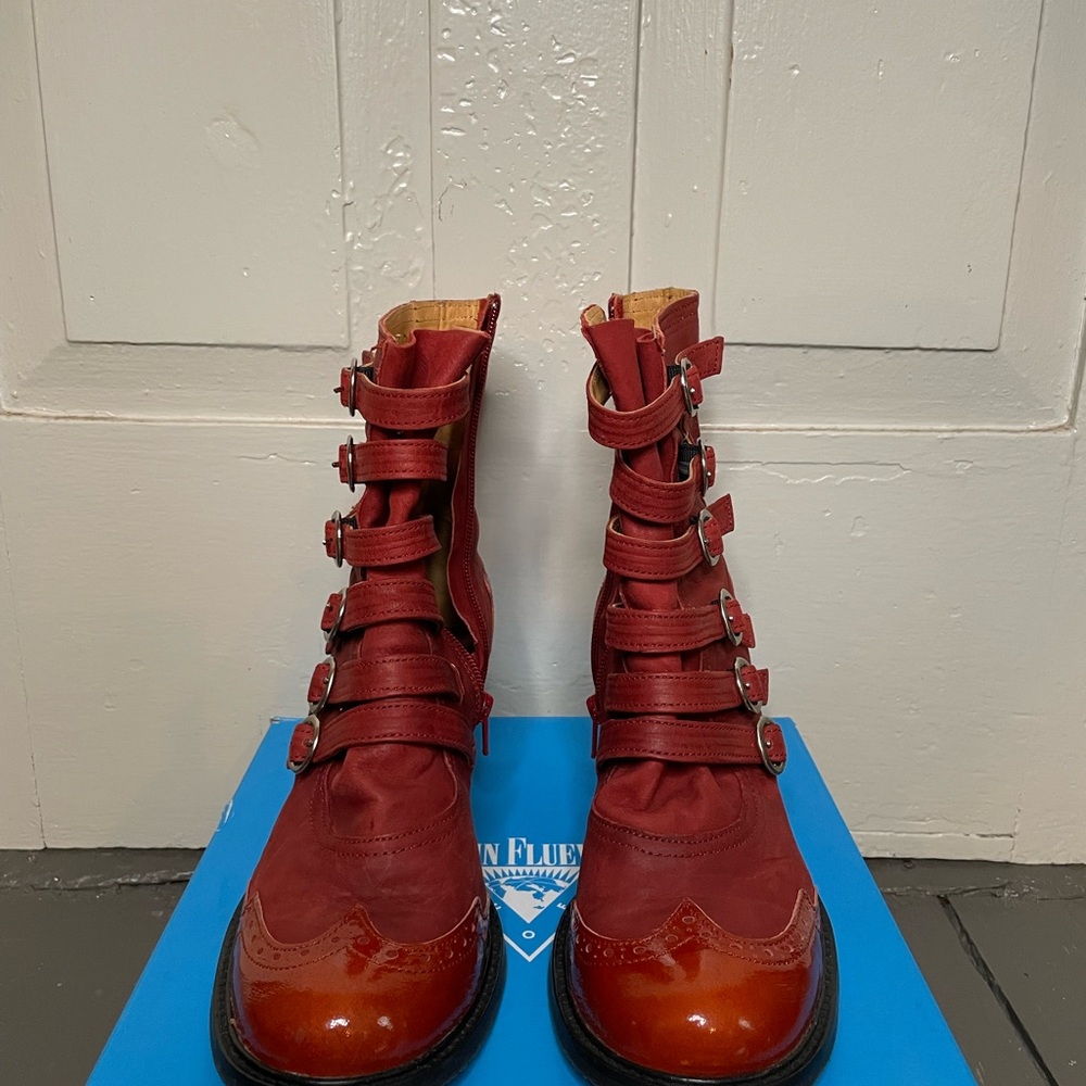 John Fluevog Red Boots with Buckles - Picture 3 of 6